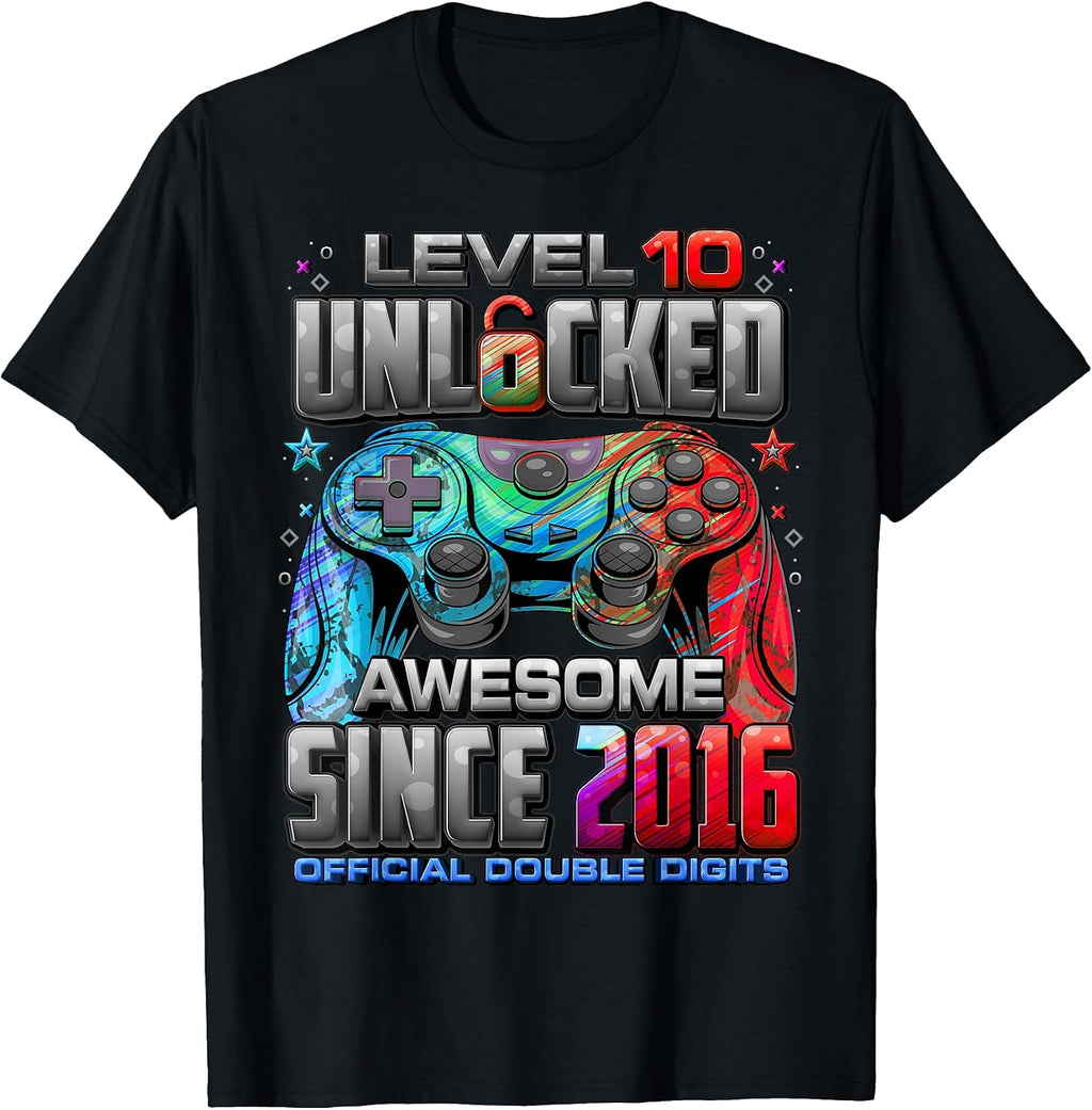 Level 10 Unlocked Awesome Since 2016 10th Birthday Gaming T-Shirt