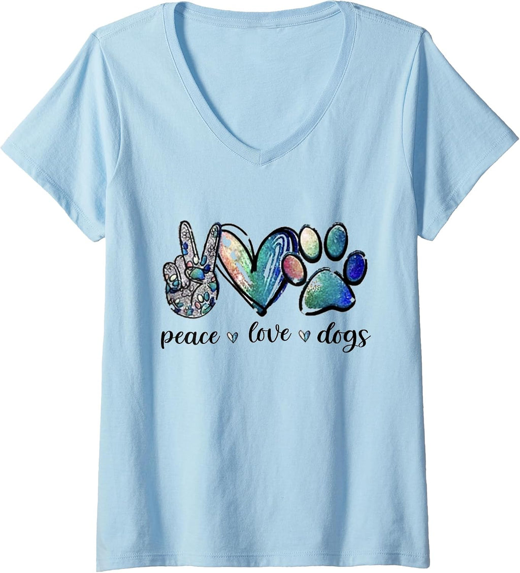 Womens Dog Lover Peace Love Dogs Puppy Paw V-Neck T-Shirt