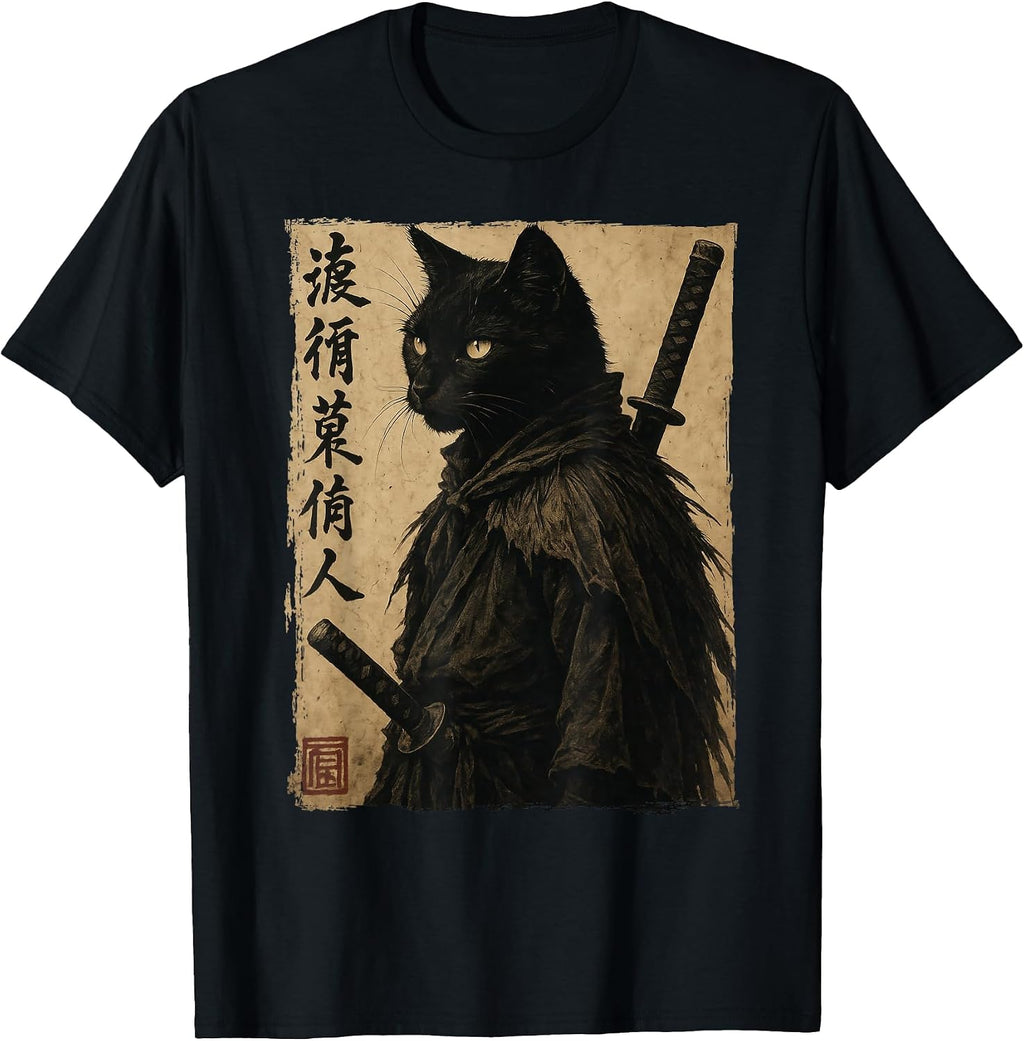 Funny Samurai Cat Shirts Japanese Ninja Cat Ink Style Anime T-Shirt