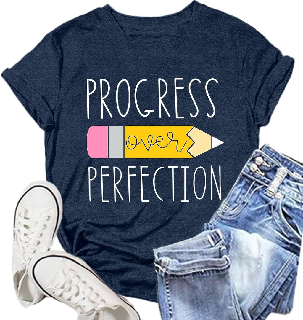 Teacher Shirt for Women Teach Teaching Tshirt Progress Over Perfection Teacher Tee Top
