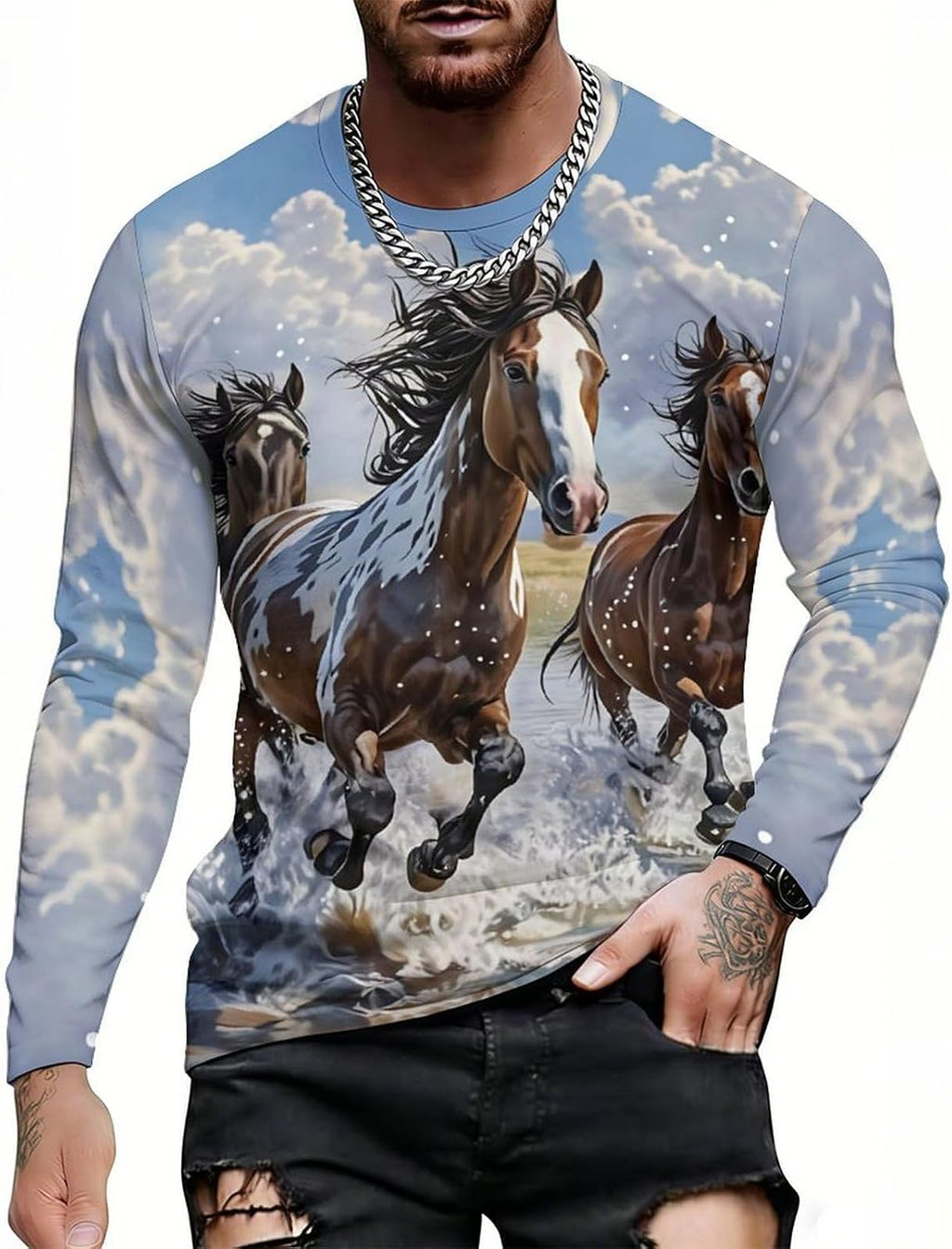 Long Sleeve Shirts for Men, Lightweight All-Over Print Casual Tee, Breathable Crewneck Long Sleeve Top
