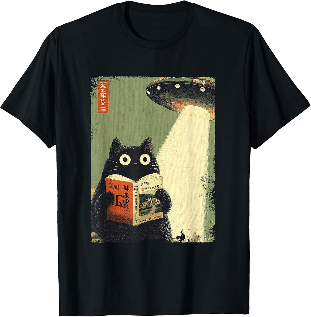 Vintage Japanese Cat Book Lovers UFO Alien Abduction Cat Dad T-Shirt