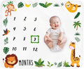 Baby Monthly Milestone Blanket Boy - Jungle Animals Neutral Newborn Month Blanket for Boy & Girl Personalized Shower Gift Safari Nursery Decor Photography Background Prop with Frame Large 51''x40''