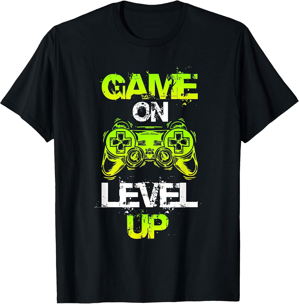 GAME ON LEVEL UP Gaming T-Shirt - Unisex-Adults, Unisex-Kids - Black - Small - Short Sleeve - T-Shirt