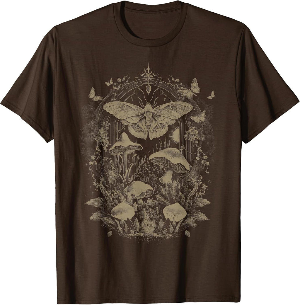 Cute Moth Aesthetic Floral T-Shirt for Women & Girls, Unisex-Adults & Kids, Brown, Small, Short Sleeve, Classic Fit