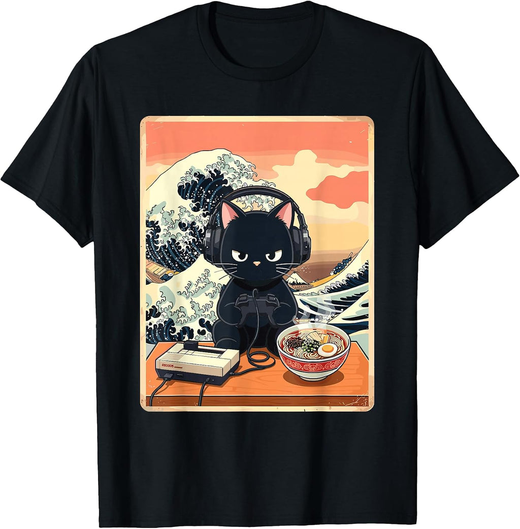 Retro Gamer Cat with Ramen Great Wave for Anime Fans T-Shirt