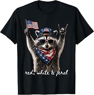 Red White & Feral Funny Patriotic Raccoon Rock 4th of July T-Shirt