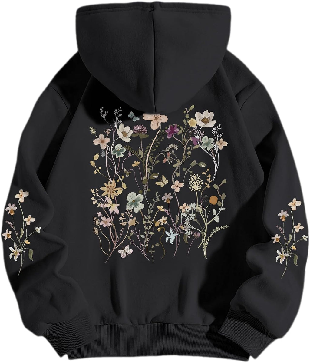 Women's Floral Printed Hoodies Vintage Aesthetic Flower Graphic Sweatshirt Cute Boho Fleece Thermal Hoodie Pullover
