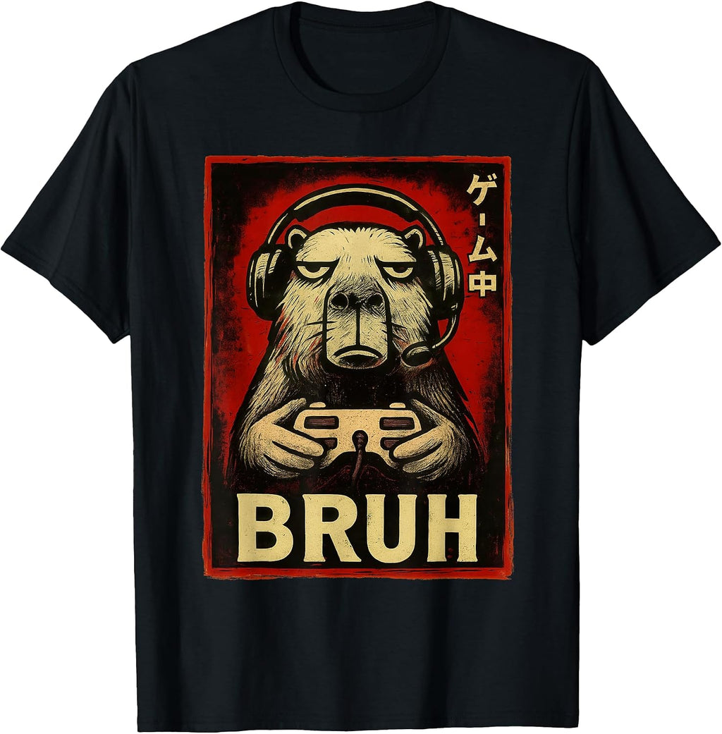 Funny Capybara Gamer Bruh Graphic Tee Men Boys Teens Gaming T-Shirt