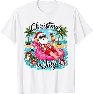 Christmas in July Flamingo Float Santa Hawaiian Vacation T-Shirt