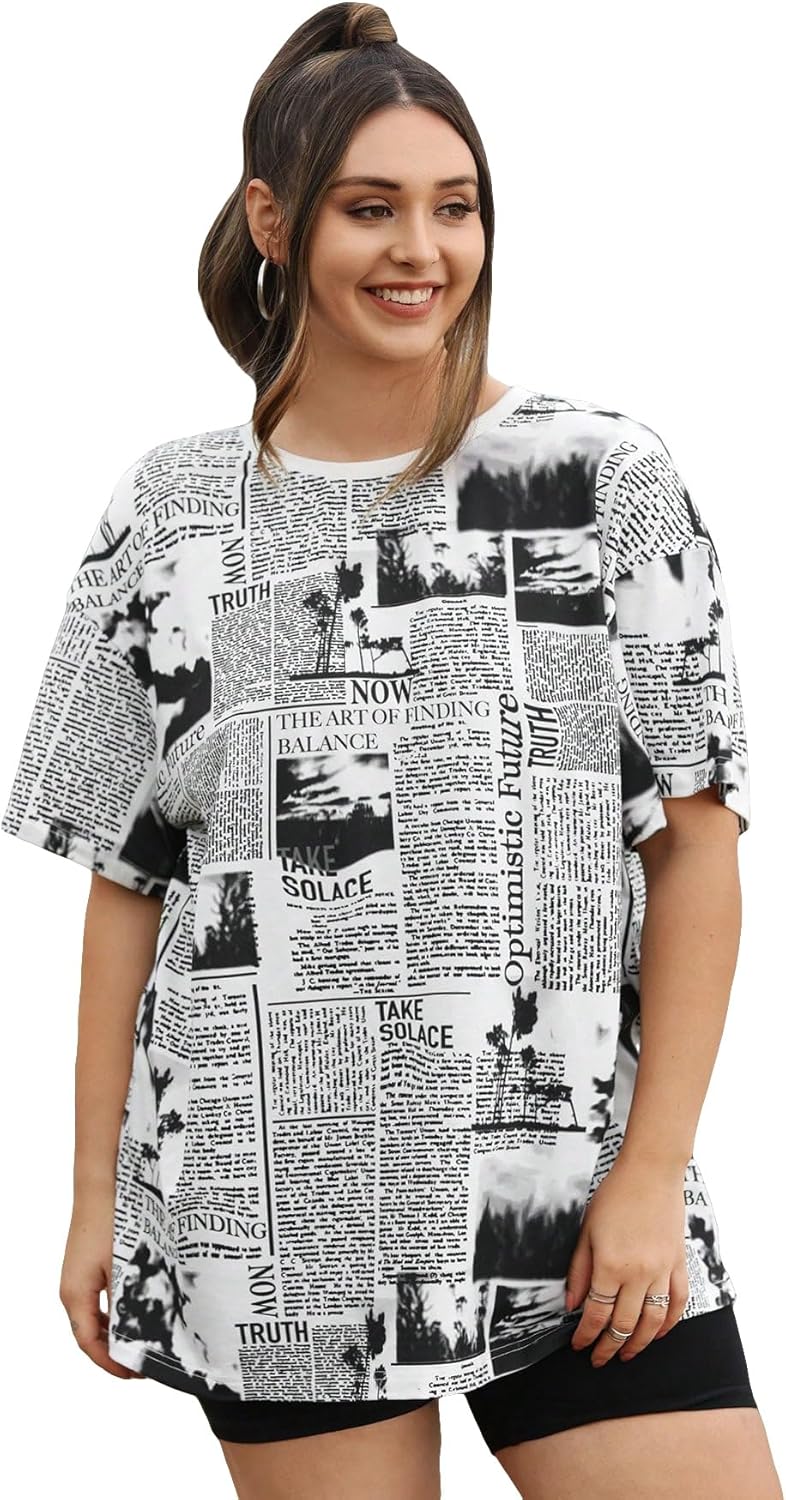 Women's Plus Size Newspaper Print Round Neck Half Sleeve T Shirt Tee Tops