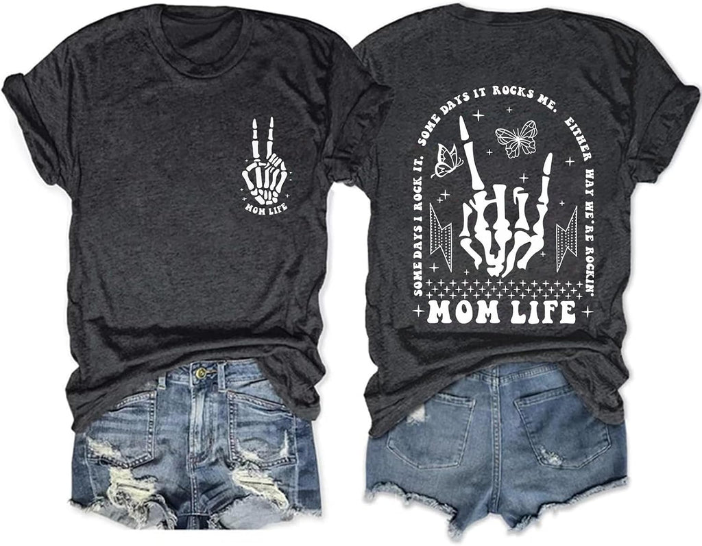 Mama Shirts for Women Mom Life Skeleton Hand T-Shirt, Vintage Rock Style Crewneck Tee