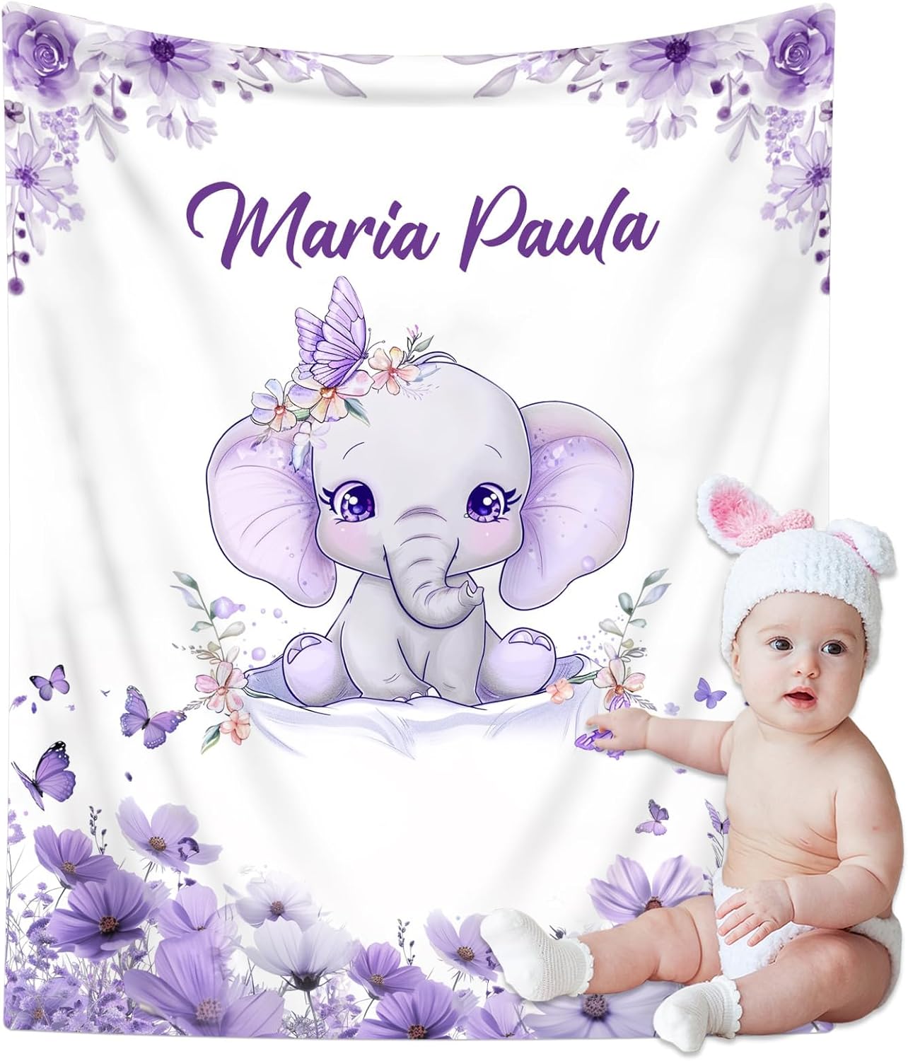 Personalized Baby Blanket with Name, Custom Name Blanket for Kids Soft Flanne Blankets in Easter Personalized Baby Gifts for Infant Newborn Shower (Purple)