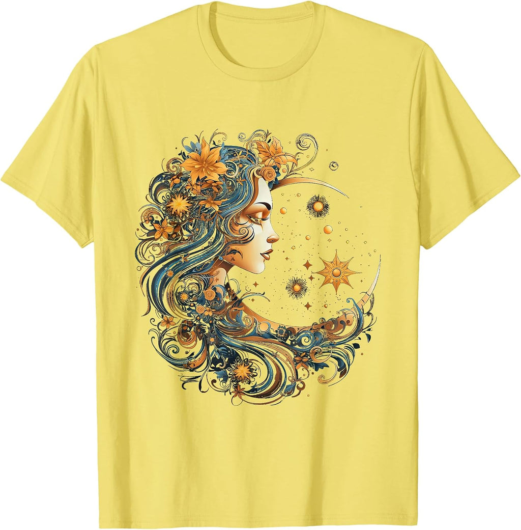Mystical Sun and Moon with Woman Mystical Flowers Aesthetic T-Shirt