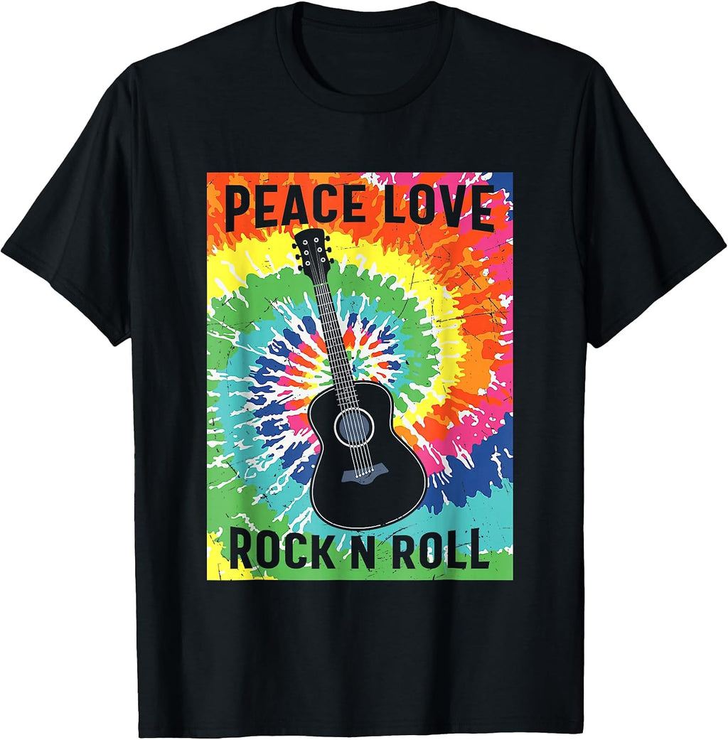 Peace Love Rock n Roll Tie Dye Hippie Guitar Music Retro T-Shirt