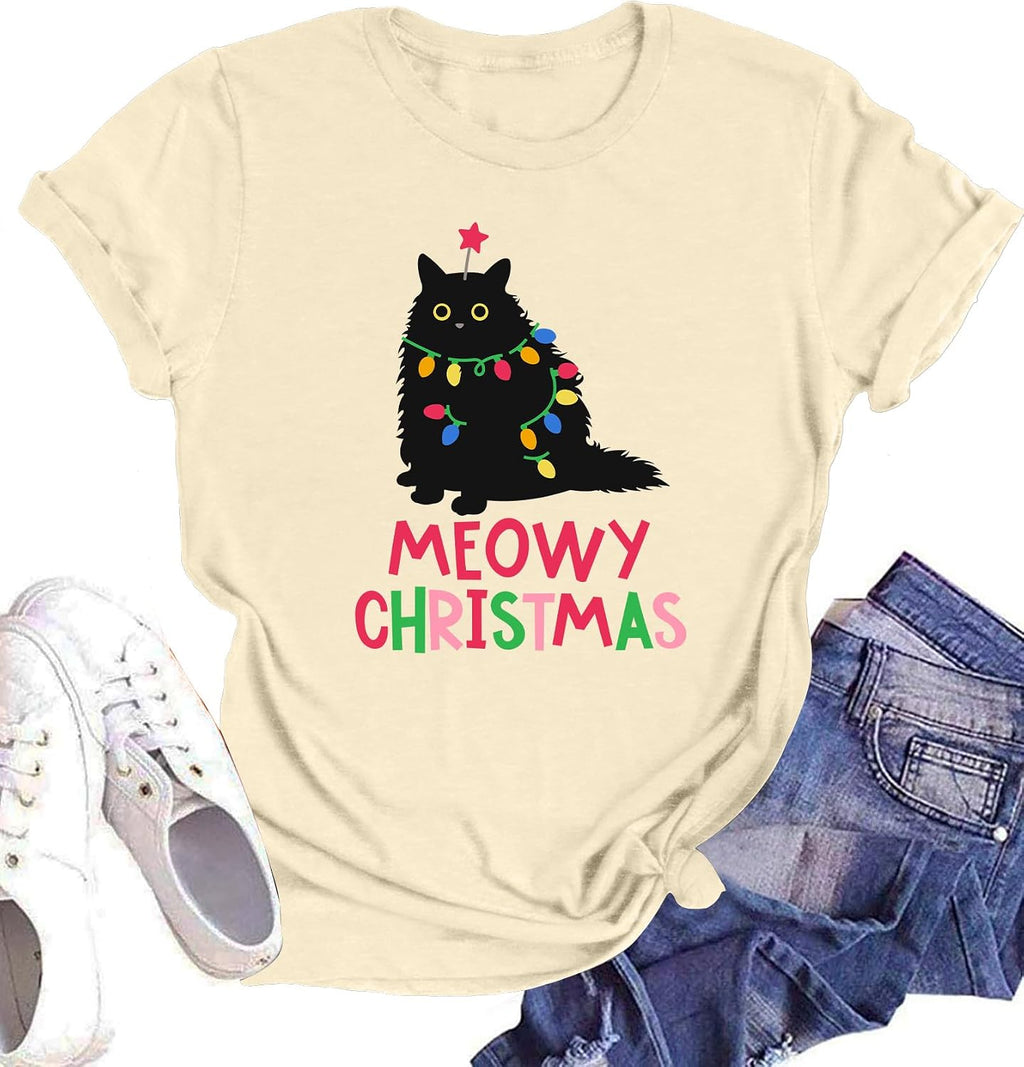 Christmas Shirts for Women Meowy Christmas Tshirt Cat Graphic Tee Short Sleeve Cat Lover Gifts Tops