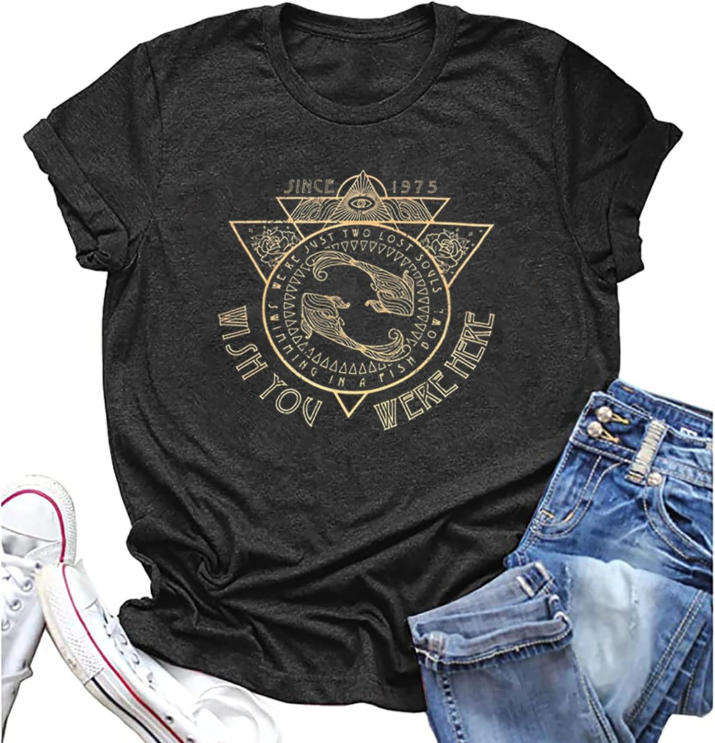 Women Old School Band Shirt Vintage Rock Music Tshirt Rock Festival Tees Wish You were Here Distressed Graphic Tee Tops