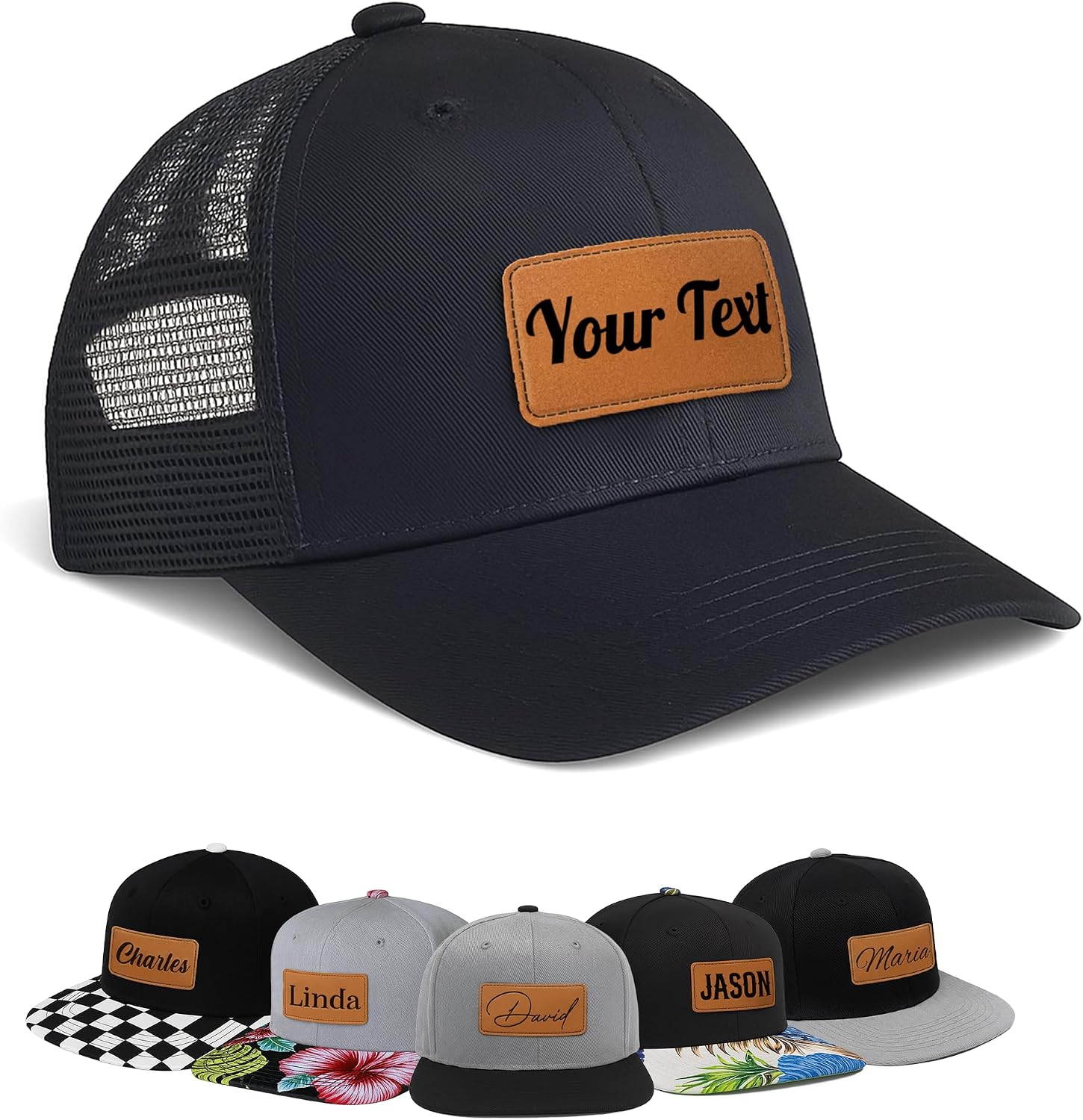 Custom Kids Snapback Trucker Hat with Leather Name Patch – Adjustable Mesh Cap for Boys, Girls & Adults - Matching Hats