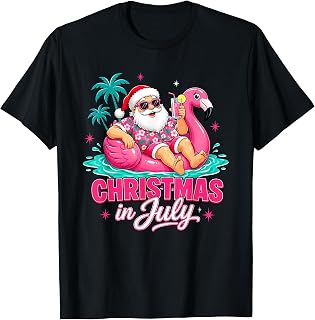Christmas in July Santa Flamingo Summer T-Shirt