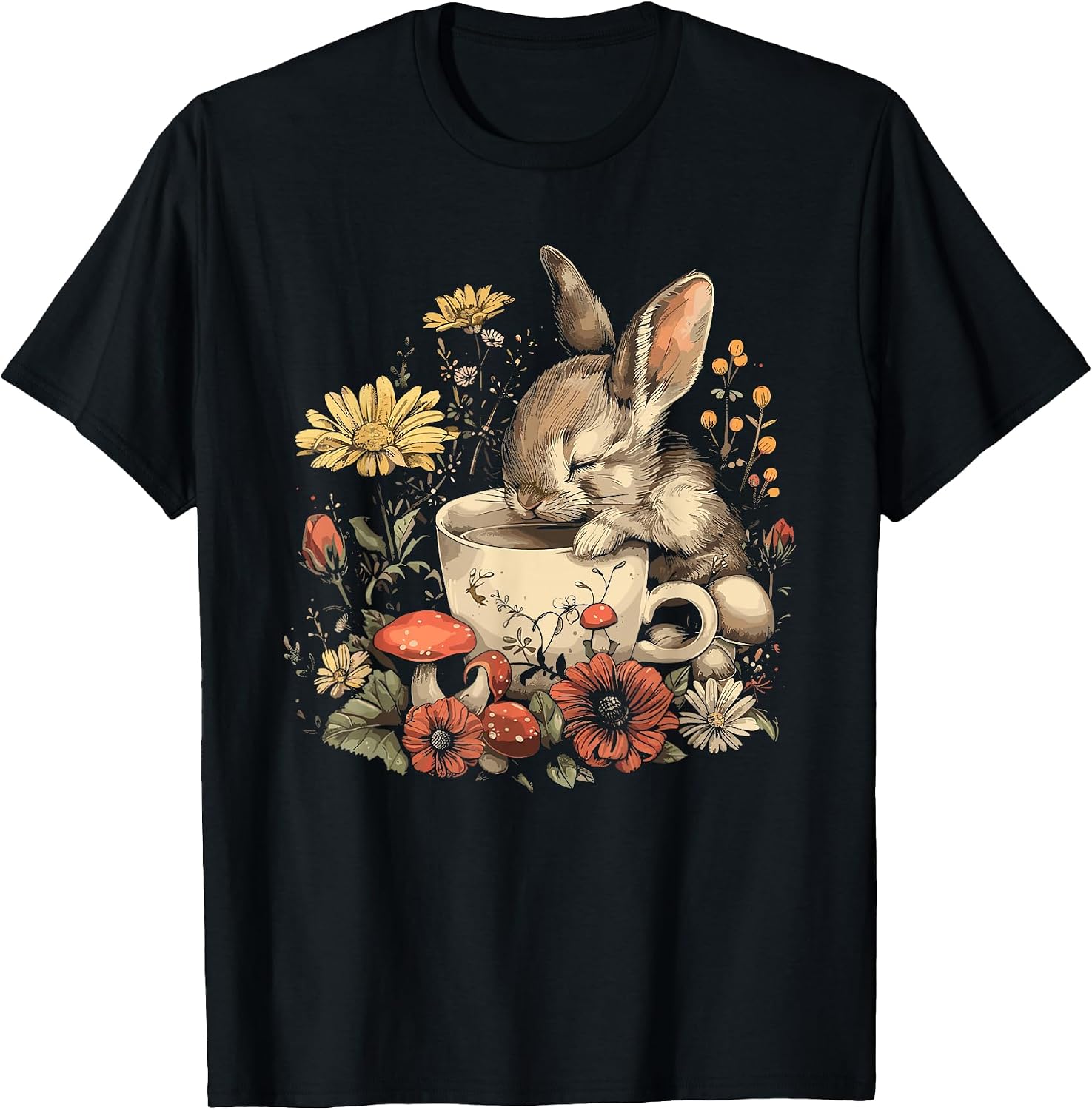 Rabbit Floral Bunny Cottagecore Aesthetic Tea Cup T-Shirt