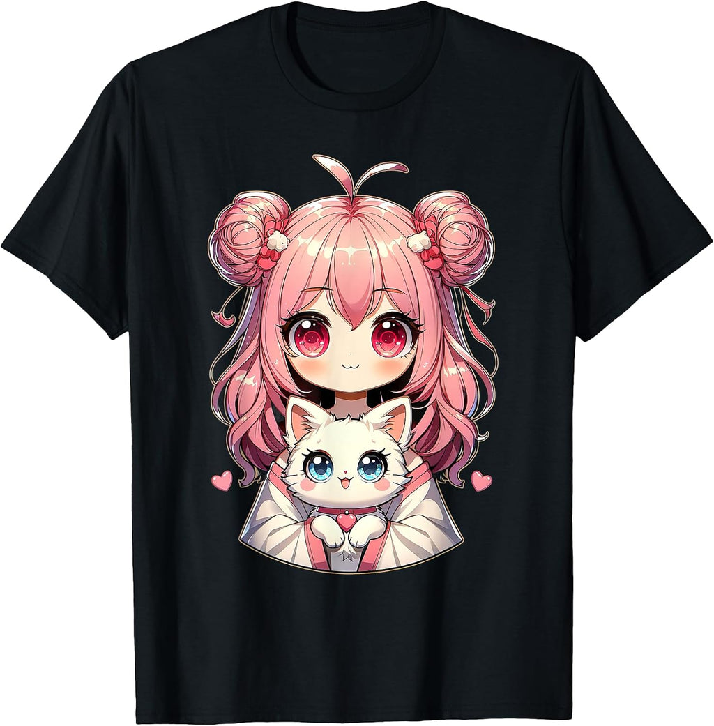 Cute Anime Cats Lover Kawaii Manga Otaku Anime Girl Pink T-Shirt