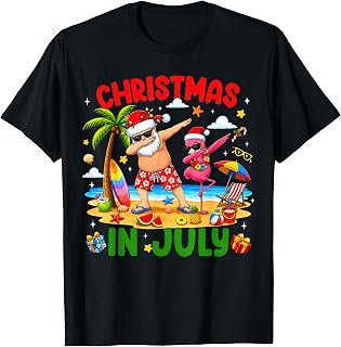 Christmas in July Santa Flamingo Dabbing Summer Vacation T-Shirt
