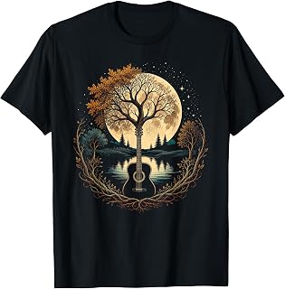 Acoustic Guitar Tree By The Lake Autumn Moon T-Shirt