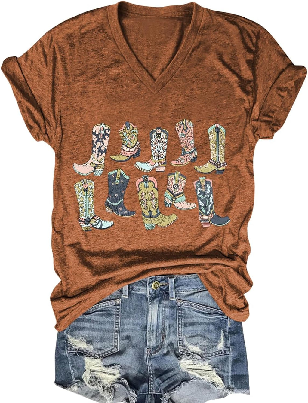 Western Country Shirt for Women Cowgirl Cartoon Boots V Neck Short Sleeve Tops Vintage Cowboy Graphic Tees