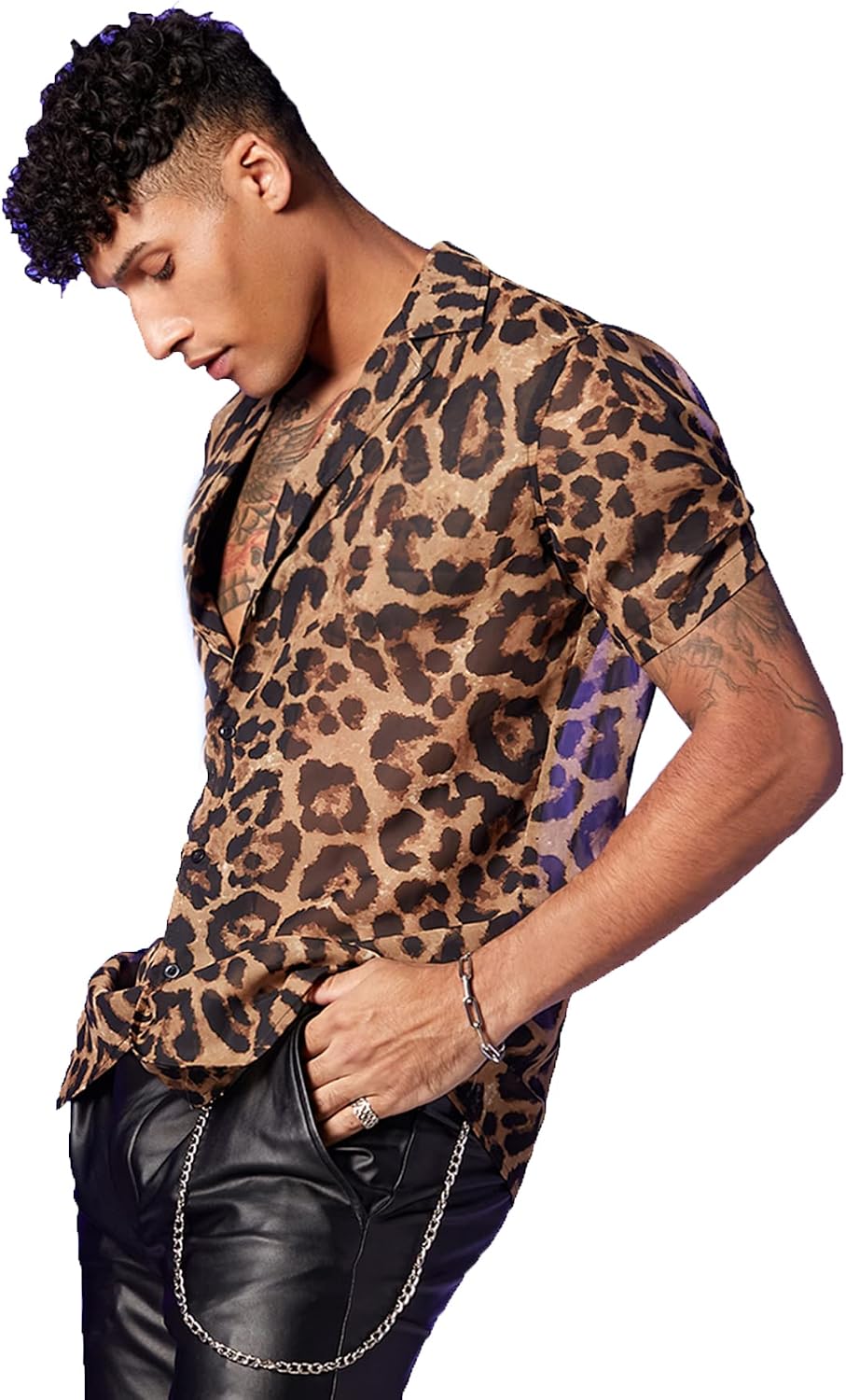 Men's Cheetah Print Top Leopard Sheer Mesh Short Sleeve Button Down Shirt Blouse