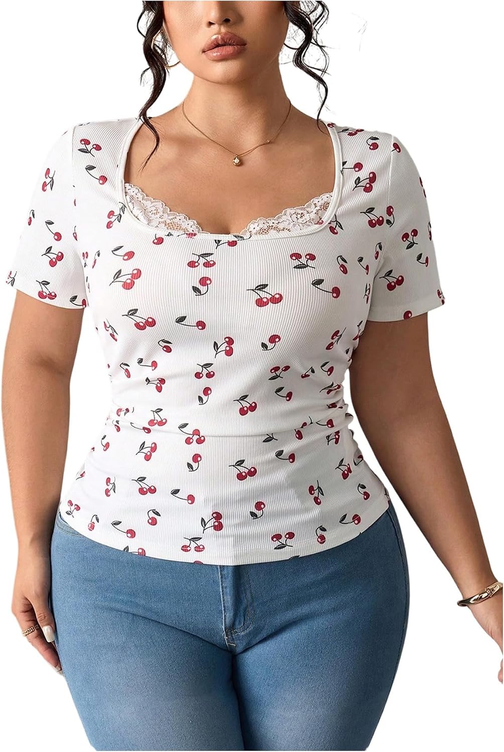 Women's Plus Size Lace Trim Tops Cherry Print T Shirts Short Sleeve Fitted Aesthetic Tees Coquette Clothes