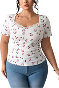 Women's Plus Size Lace Trim Tops Cherry Print T Shirts Short Sleeve Fitted Aesthetic Tees Coquette Clothes