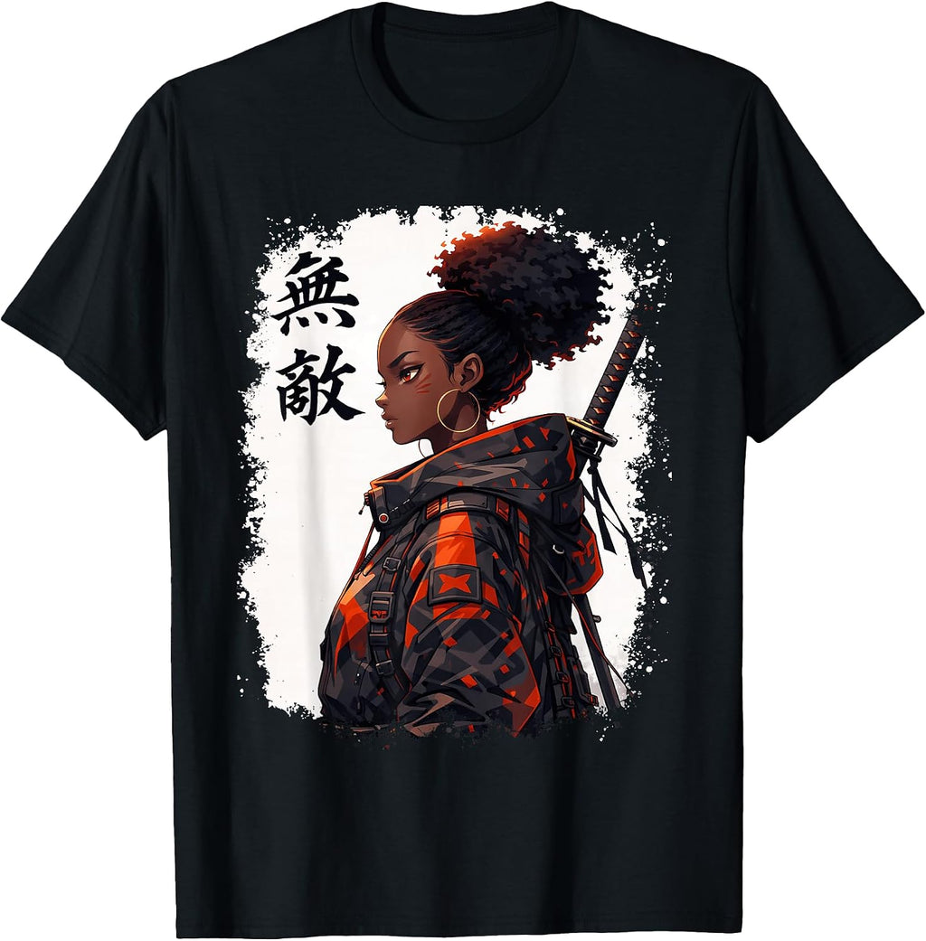 Black Samurai Girl Anime Warrior Afro African Pride T-Shirt