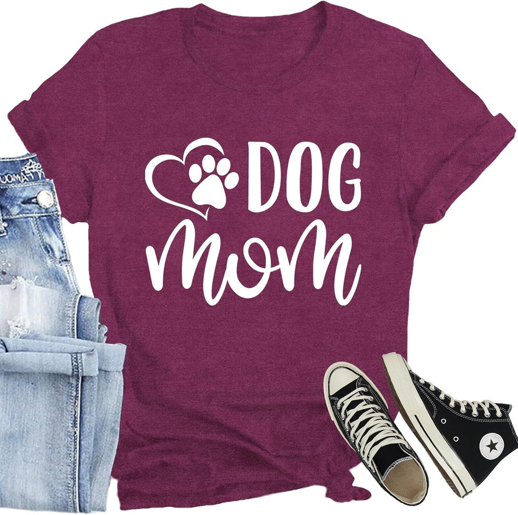 Dog Mom Shirts for Women Dog Paw Love Heart T-Shirt Cute Puppy Mama Tee Pet Lover Top