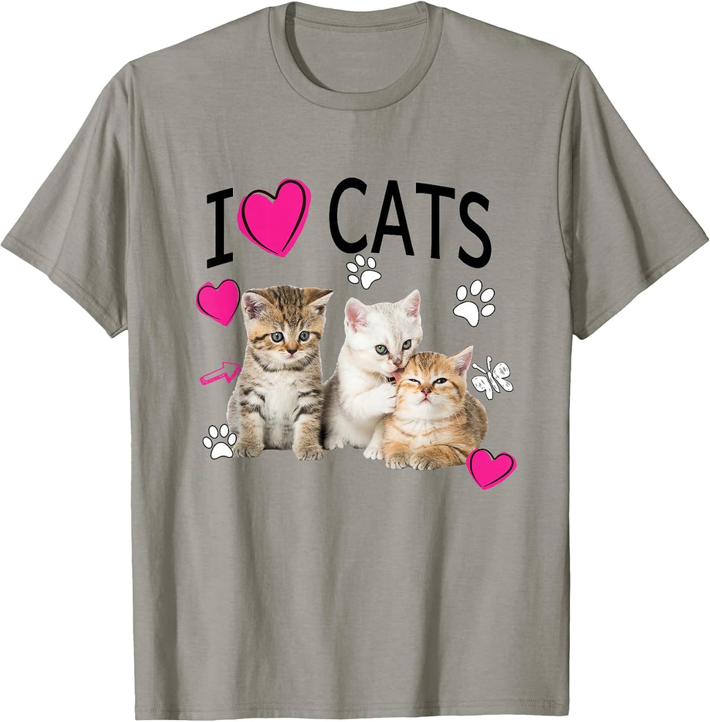 Cat Lover Tee Cute I Love Cats Kittens Hearts Paws Gift Idea T-Shirt