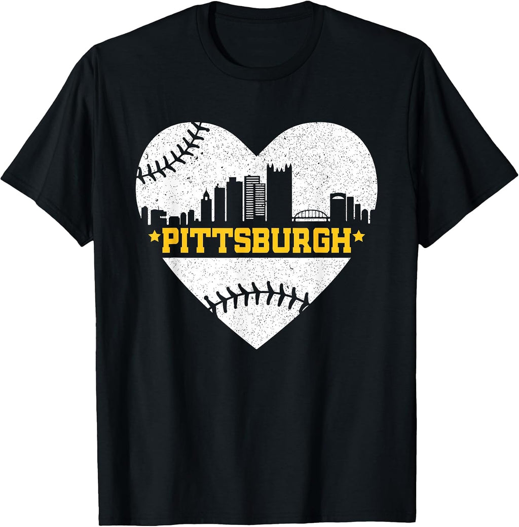 Pittsburgh Lovers Skyline Retro Baseball Heartbeat Men Women T-Shirt
