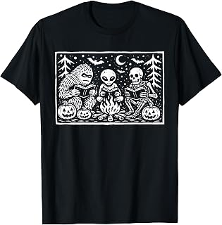 Funny Bigfoot Alien Skeleton Reading Books Halloween Camping T-Shirt