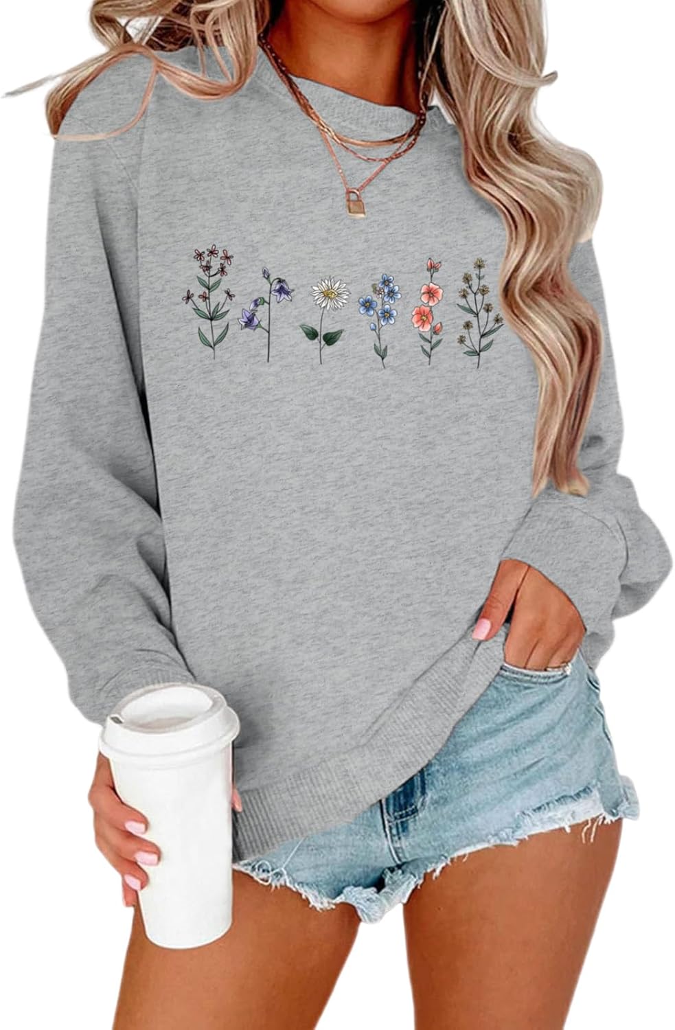 Flower Graphic Sweatshirt for Women Floral Printed Vintage Long Sleeves Shirt Crewneck Hoodie Loose Pullovers Tops