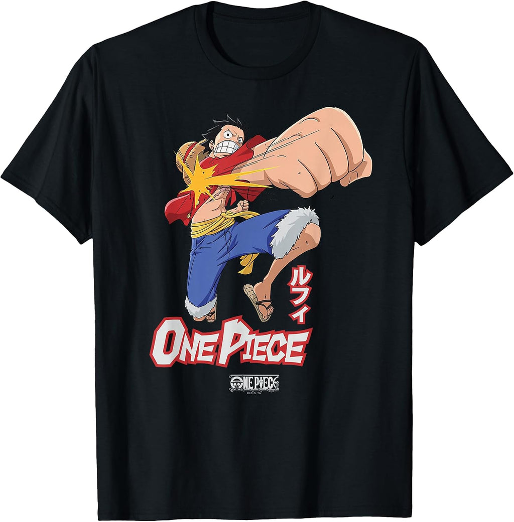 Anime Luffy Attack Pose Flying Fist with Kanji T-Shirt