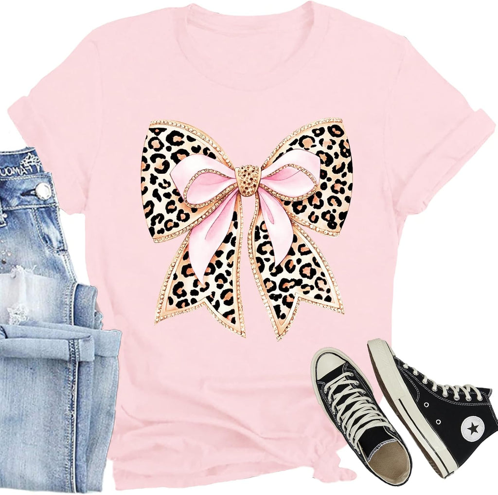 Bow Shirts for Women Cute Pink Bowknot Ribbon Print Tee Tops Bow Girly Aesthetic T-Shirts