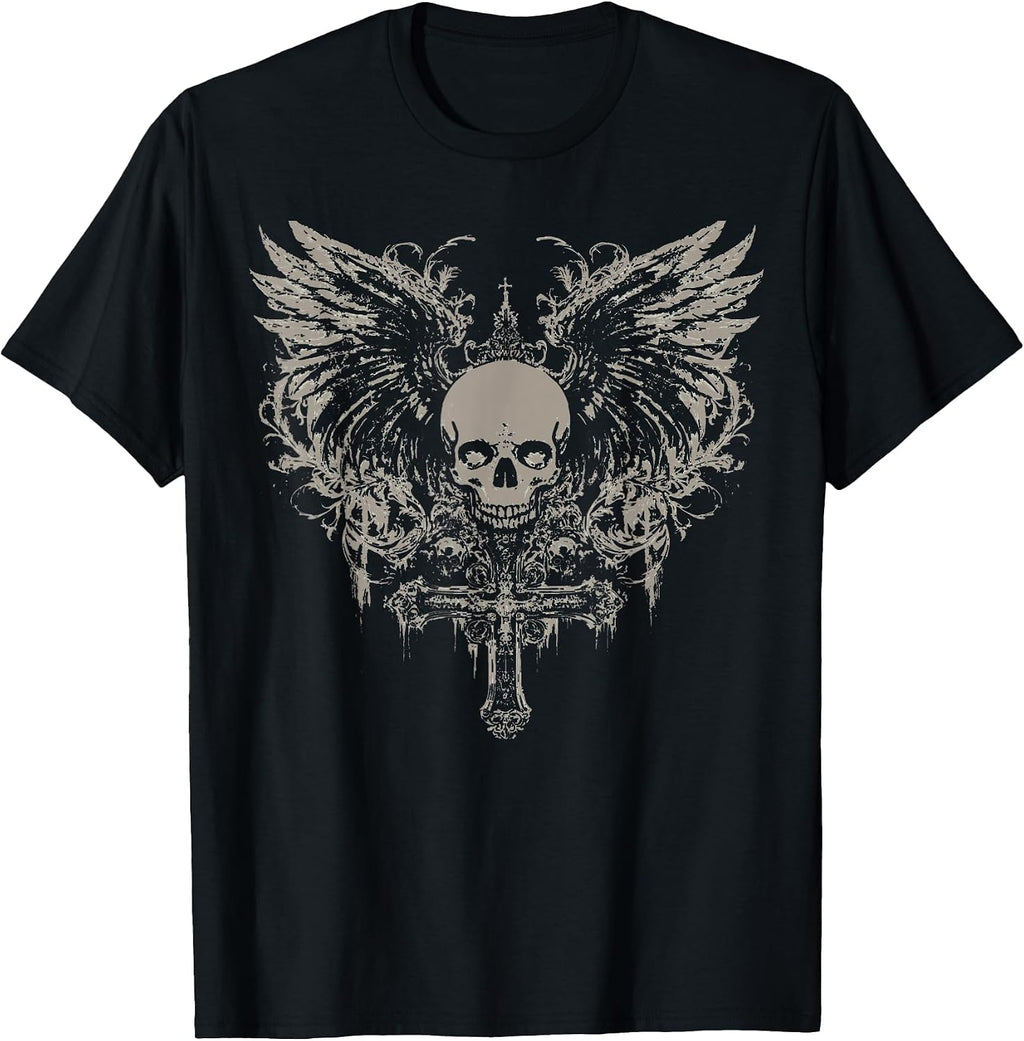 Skull Cross Y2K Goth Alt Grunge Gothic Emo Aesthetic Wings T-Shirt