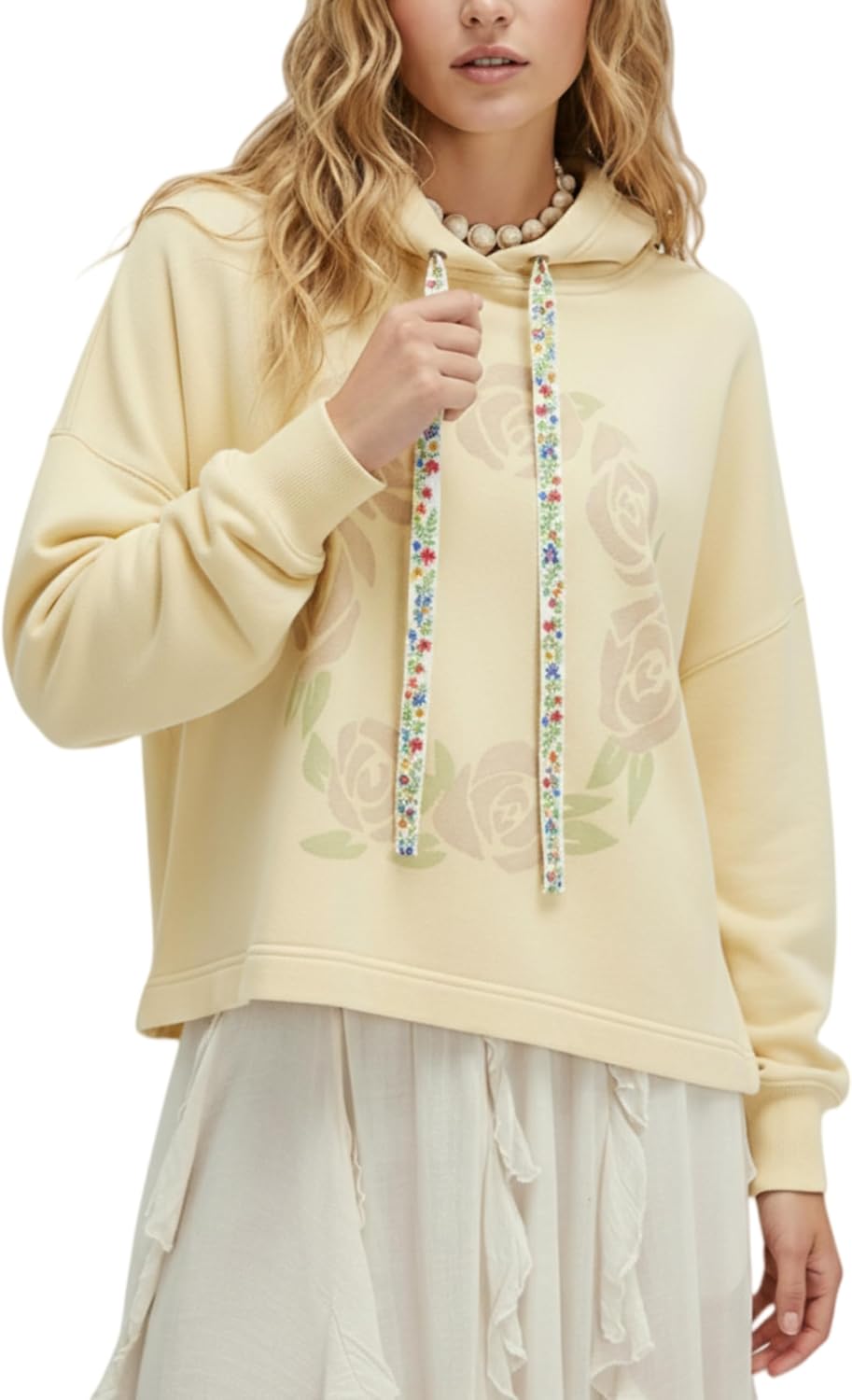 Womens Hoodies Oversized Floral Patchwork Sweatshirt Waffle Drop Shoulder Casual Drawstring Long Sleeve Top