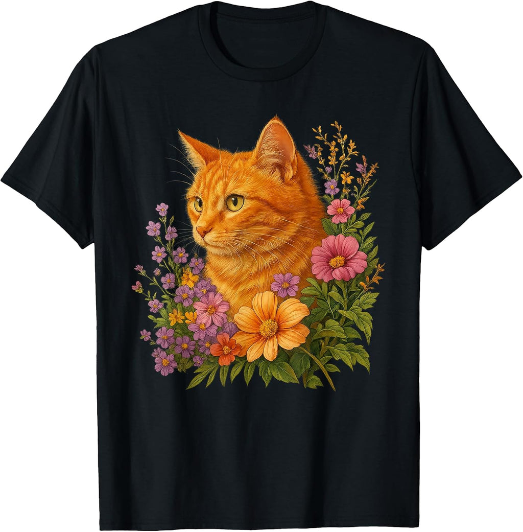 Orange Cat Flower Floral Cute Cat Lover T-Shirt