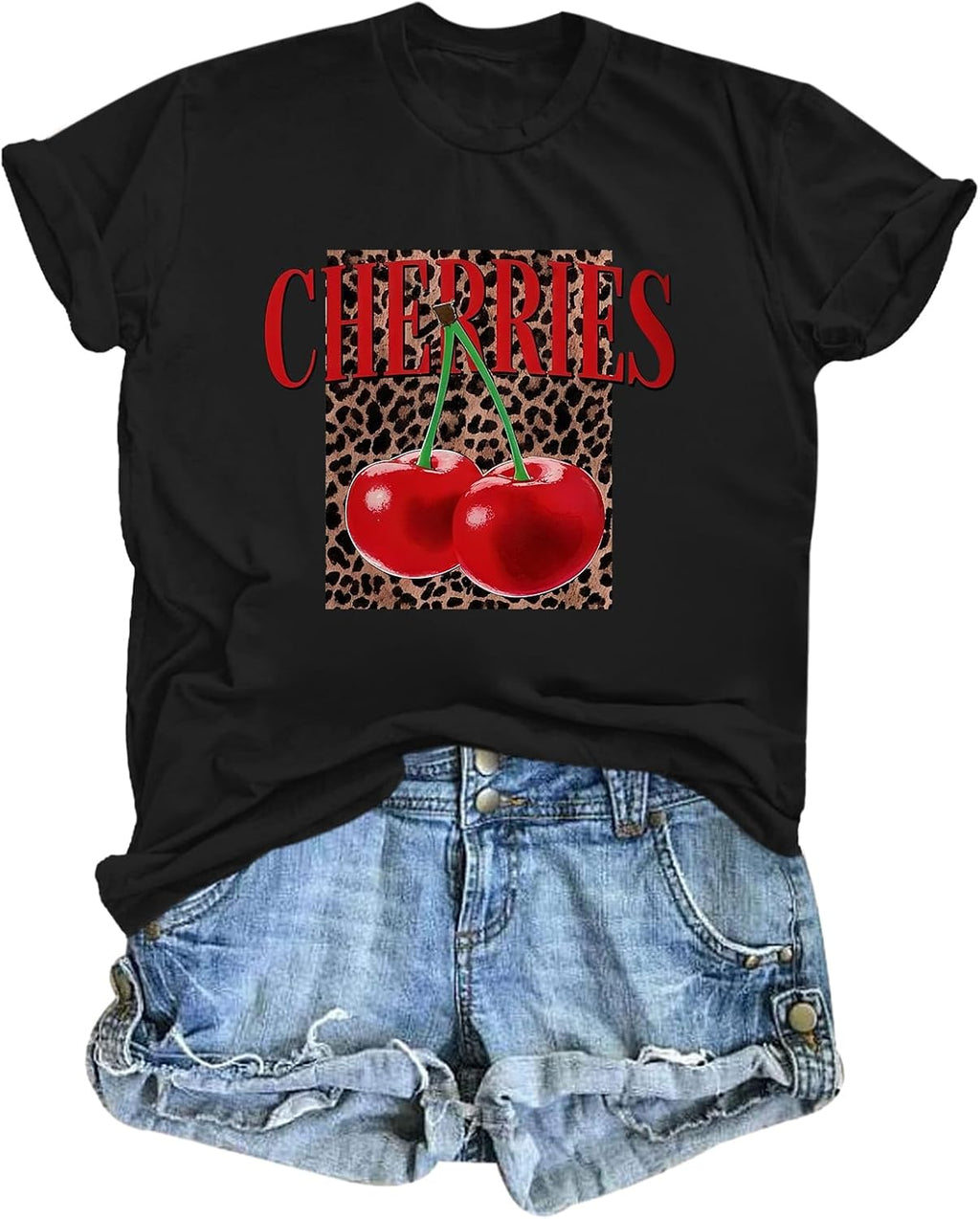Cherry Leopard Shirts for Women Cute Fruit Cherries Tshirt Vintage Trendy Graphic Tees Aesthetic Short Sleeve Tops