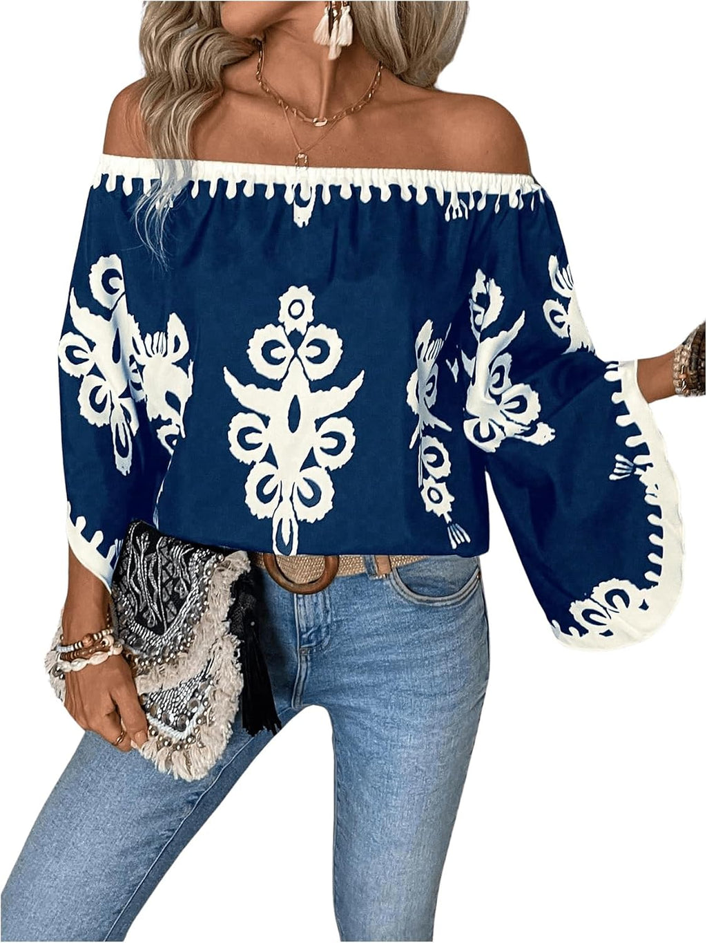 Women's Off The Shoulder Bell Long Sleeve Top Allover Print Blouse Shirts