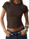 Women Striped Short Sleeve Crop Tee Top Round Neck Slim Fit Tshirt Y2K Aesthetic Preppy Cotton Shirt Girls Minimalist