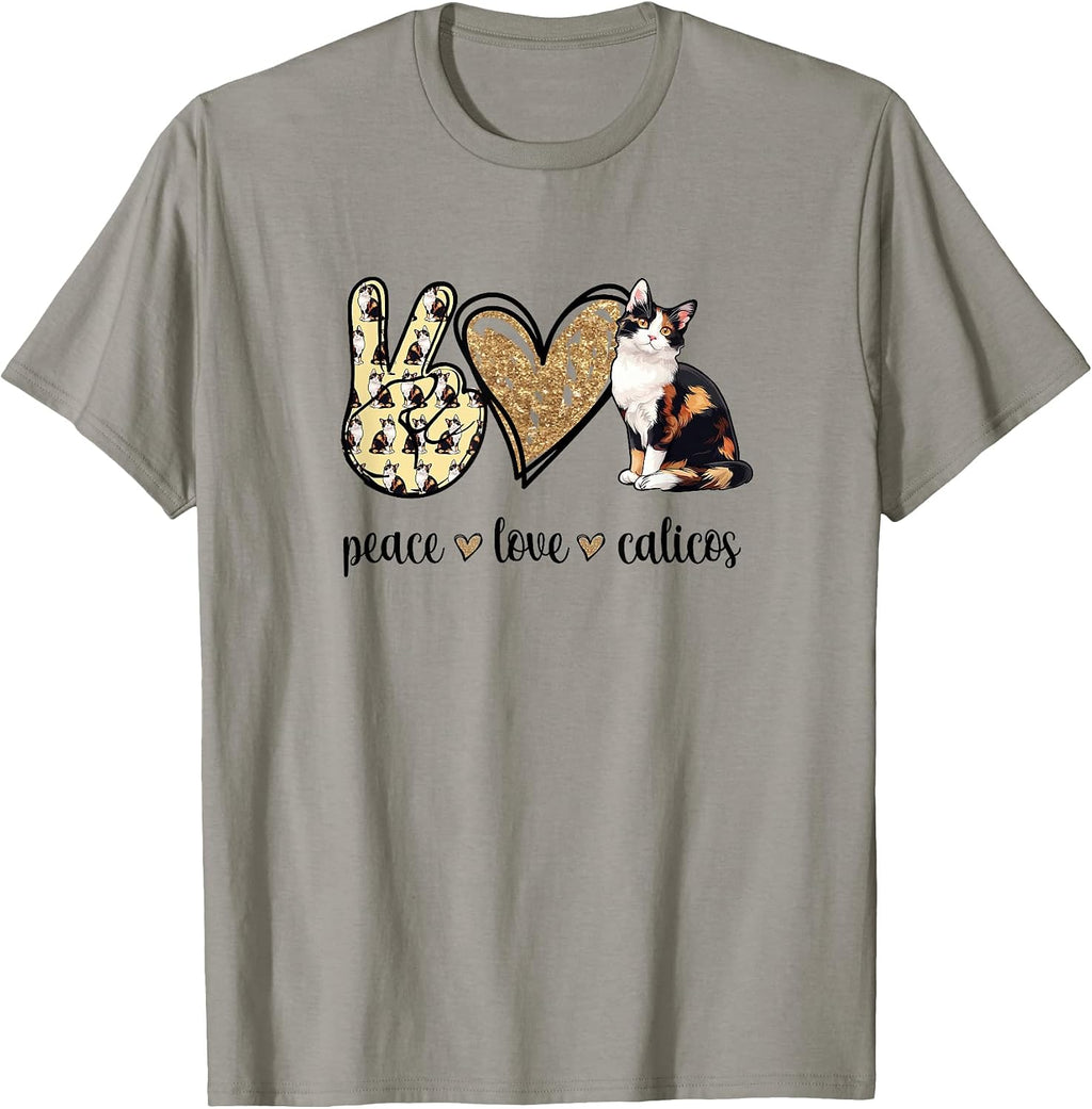 Womens Girls Art Peace Love Calico Cat Lover T-Shirt