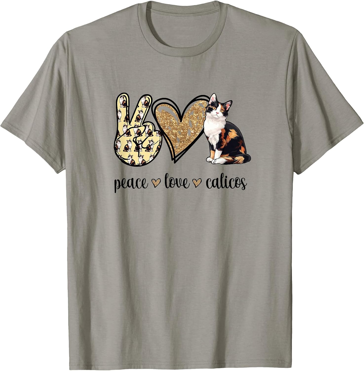 Womens Girls Art Peace Love Calico Cat Lover T-Shirt