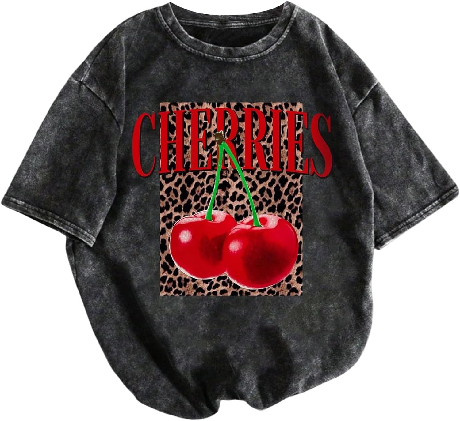Women's Washed T-Shirt Short Sleeve Leopard Cherry Graphic Tees Vintage Crew Neck Shirts