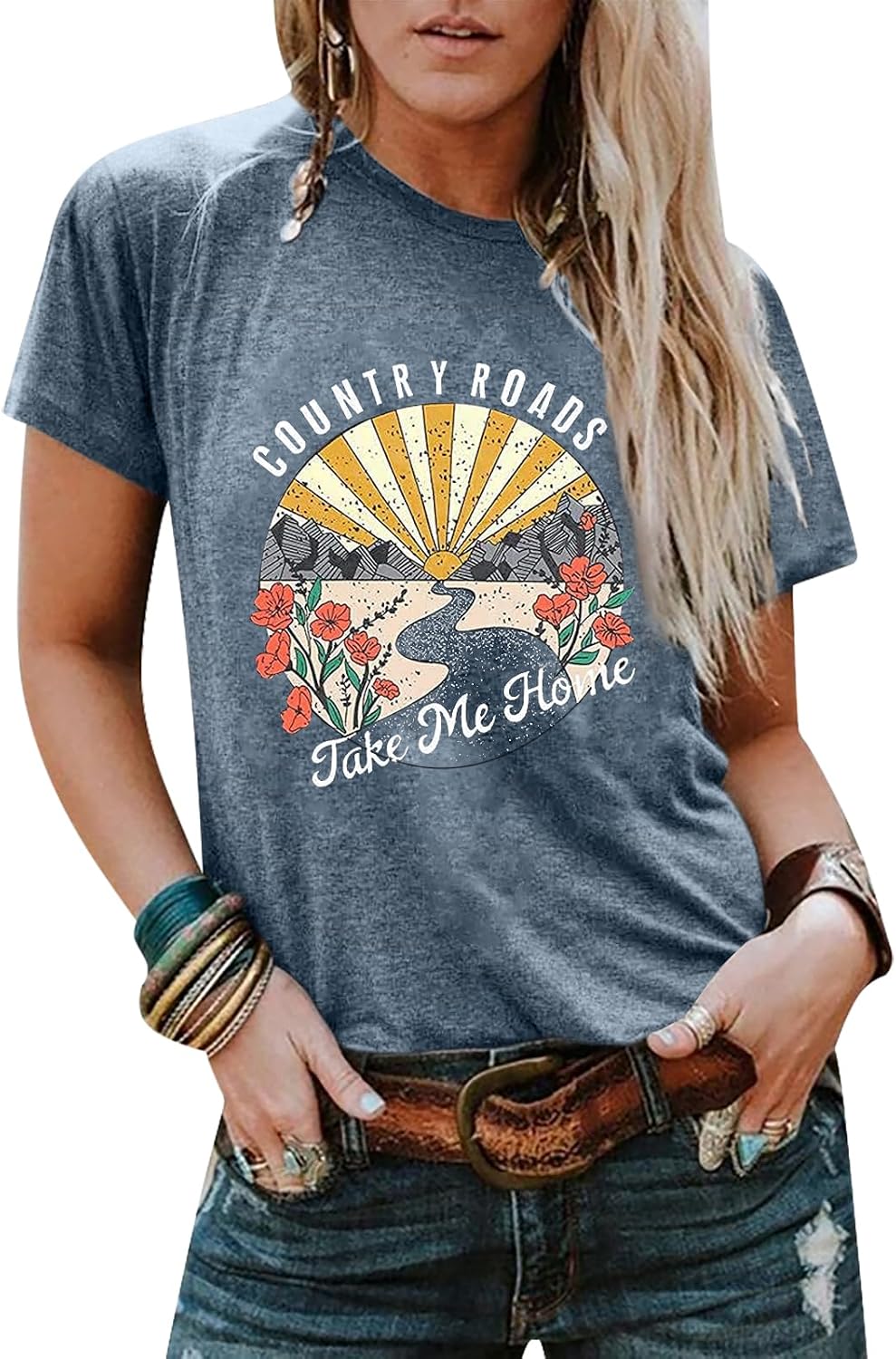 Country Music Shirts for Women Country Roads Take Me Home Shirt Vintage Western Short Sleeve Tees Top