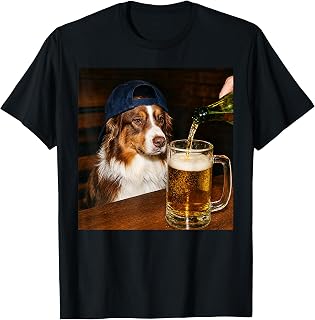 Funny Silly Australian Shepherd Drinking Beer Dog Cool Art T-Shirt
